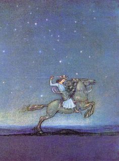 a drawing of a man riding on the back of a horse under a sky filled with stars