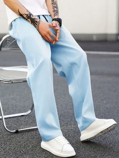 Men's Casual Solid Color Drawstring Waist Long Pants Baby Blue Casual   Woven Fabric Colorblock,Plain Straight Leg Non-Stretch  Men Clothing, size features are:Bust: ,Length: ,Sleeve Length: Baby Blue Pants, Blue Pants Men, Plain Pants, Versatile Pants, Blue Pants, Pants Men, Kids Beachwear, Upgrade Your Wardrobe, Long Pants