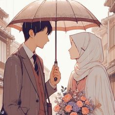 two people standing under an umbrella in the rain, one holding a flower and the other holding a bouquet