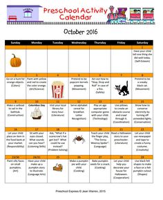 the preschool activity calendar for october