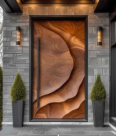 a wooden door with two planters on the side and an artistic design behind it