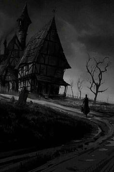 a black and white photo of an old house in the middle of nowhere with a person walking towards it