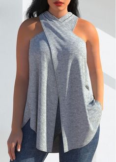 Size:L;Size:XL;Size:XXL;Color:Grey;Composition:95% Polyester, 5% Spandex;Washing Instructions:Hand Wash /Machine Washable;Color Scheme:Grey;Package Contents:1 X Tank Top;Tank & Camis Type:Tank Top;Clothing&apos;s Length:Long;Neckline:Halter;Pattern Type:Solid;Style:Casual; Gray Vest Top For Summer, Gray Sleeveless Vest For Fall, Gray Stretch Vest Top, Gray Stretch Sleeveless Top, Stretch Gray Tank Top Vest, Chic Gray Stretch Tank Top, Gray Stretch Vest, Gray Sleeveless Fall Tank Top, Gray Sleeveless Tank Top For Fall