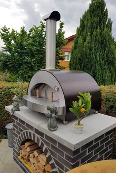 an outdoor pizza oven with wood in it