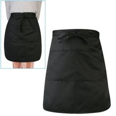 a women's black apron with a bow on the front and side, next to an image of a woman wearing a white shirt