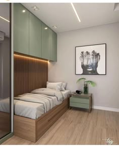 a bedroom with wood floors and white walls