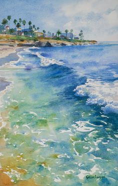 a watercolor painting of the ocean and beach