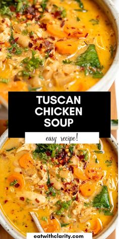 tuscann chicken soup with carrots and spinach in a white bowl