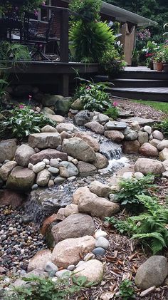 a small pond surrounded by rocks and gravel