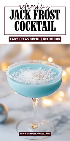 the jack frost cocktail in a coupe glass with coconut flakes on top and text overlay