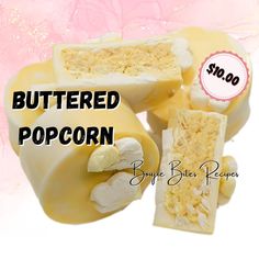 two pieces of buttered popcorn are shown with the price tag for $ 10 00