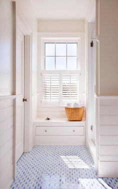 a white bathroom with blue and white tile flooring