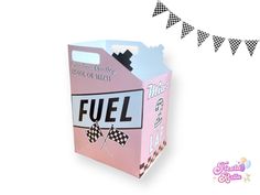 a pink carton with black and white checkered flags hanging from it's side