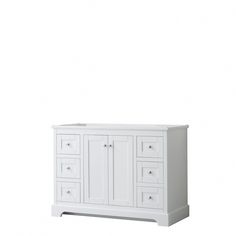 a white bathroom vanity with two drawers and one door on the side, against a white background