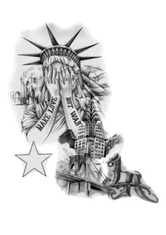 a drawing of the statue of liberty holding her hands up to her face with stars around it