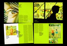 an open book with photos and text on the pages, in black and neon green