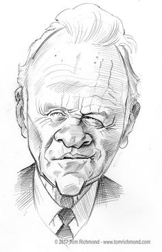 a black and white drawing of a man in a suit with his head tilted to the side