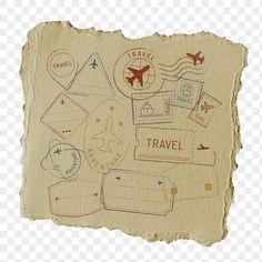 an old piece of paper with stamps on it and the words travel written in different languages