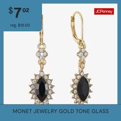 Included: 1 Pair of EarringsFeatures: RhinestonesEarring Back: Lever BackShape: MarquiseMetal Color: Gold ToneEarring Length: 50mmEarring Width: 15mmCare: Wipe CleanStone Type: 34 GlassEarrings Style: Drop EarringsMetal: ZincCountry of Origin: Imported Glass Drop Earrings, Monet Jewelry, Earrings Drop, Earrings Black, Jewelry Gold, Gold Jewelry, Gold Tones, Drop Earrings, Glass