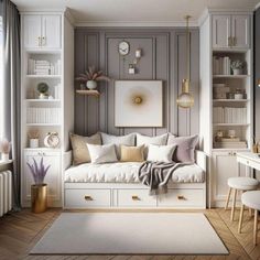 a living room filled with lots of furniture next to a white table and bookshelf