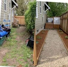 before and after pictures of a back yard landscaping project in vancouver, on the left is an old backyard with gravel path leading up to it