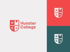 the logo for hunter college is shown in three different colors and font styles, including red, white, and blue