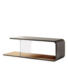 a table that has a glass shelf on the top and wooden shelves below it, against a white background