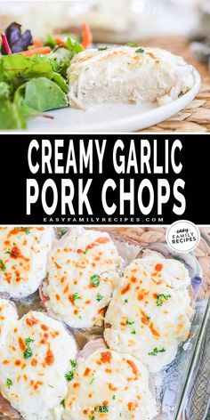 creamy garlic pork chops on a plate with salad