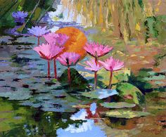 an oil painting of pink water lilies in a pond