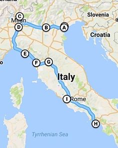 a map shows the route for italy and its major cities, along with several other destinations