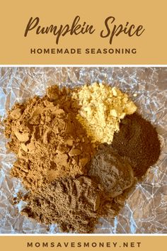 the ingredients for pumpkin spice are shown on a piece of crumpled paper with text that reads homemade seasoning