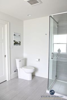 a bathroom with a toilet, sink and shower stall is pictured in this image from the front view