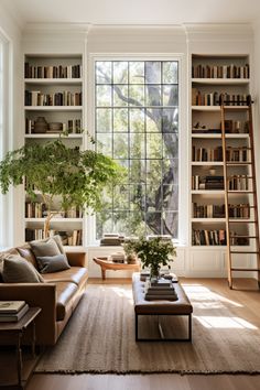 a living room filled with lots of furniture and bookshelves next to a window