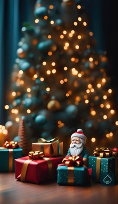 a christmas tree with presents under it and a santa clause figurine next to it