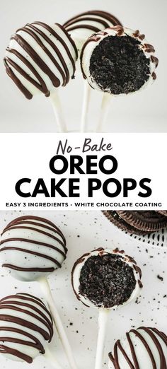 chocolate covered oreo cake pops on a white plate with text overlay that reads, no - bake oreo cake pops easy 3 ingredients and white chocolate coating