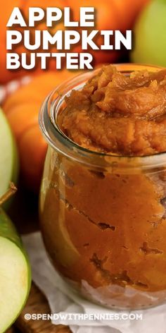 an apple and pumpkin butter in a glass jar