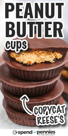 chocolate peanut butter cups stacked on top of each other with the words copycat reese's