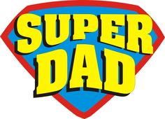 the logo for super dad is shown in yellow and blue with a red superman on it