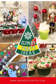 a collage of christmas party themes including cupcakes, cake and nutcracker