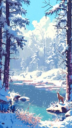 a painting of a snowy forest scene with a lake and trees in the foreground