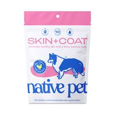 a bag of skin and coat for dogs on a white background with pink trimming