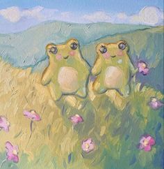 two green frogs sitting on top of a lush green field filled with purple and pink flowers