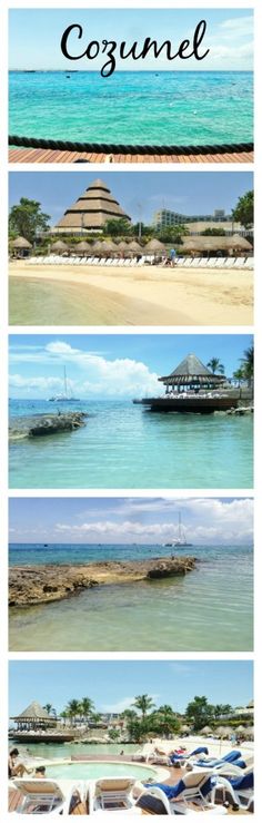 the beach with chairs and umbrellas is shown in three different pictures, including one that says