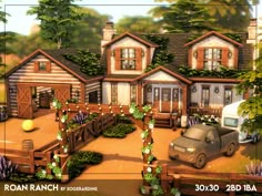 an animated image of a house with cars parked in front of it and trees on the other side