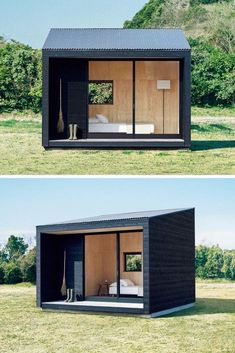 two pictures of the inside and outside of a small house with sliding glass doors on each side