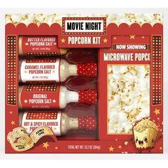 the popcorn kit includes three different flavored popcorns