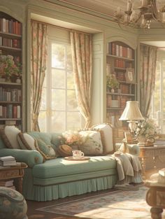 a living room filled with lots of furniture and bookshelves next to a window