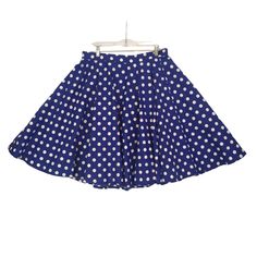 Cute Retro 50's Style Circle Skirt In A Blue With Large White Polka Dots. Zips And Buttons In The Back. This Item Is In New With Tags Condition. Details: Brand: Fifties Chics Tagged Size: Xl Material: 100% Cotton Color: Blue, White, Made In: China Measurements: Waist: 34” Skirt Length: 24 1/2” Polka Dot Fitted Full Skirt, Spring Retro Petticoat, Retro Blue Cotton Skirt, Retro Blue Pleated Skirt, Retro Blue Lined Skirt, Fitted Skirt In 1950s Style For Summer, Fitted 1950s Style Summer Skirt, Retro Blue Lined Skirt Bottoms, Retro Blue Flared Skirt Bottoms