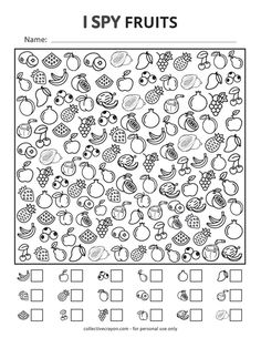 the i spy fruits worksheet is shown in black and white, with an image of