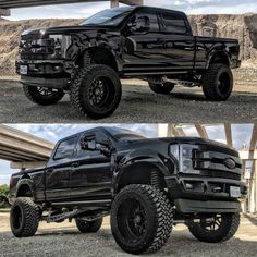 two pictures of the same black truck